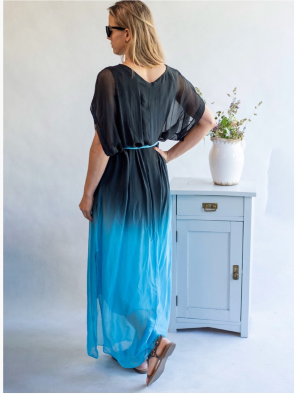 Made in Italy Silk Viscose Ombré Maxi Dress Sheer Overlay Lagenlook OS - Picture 11 of 11